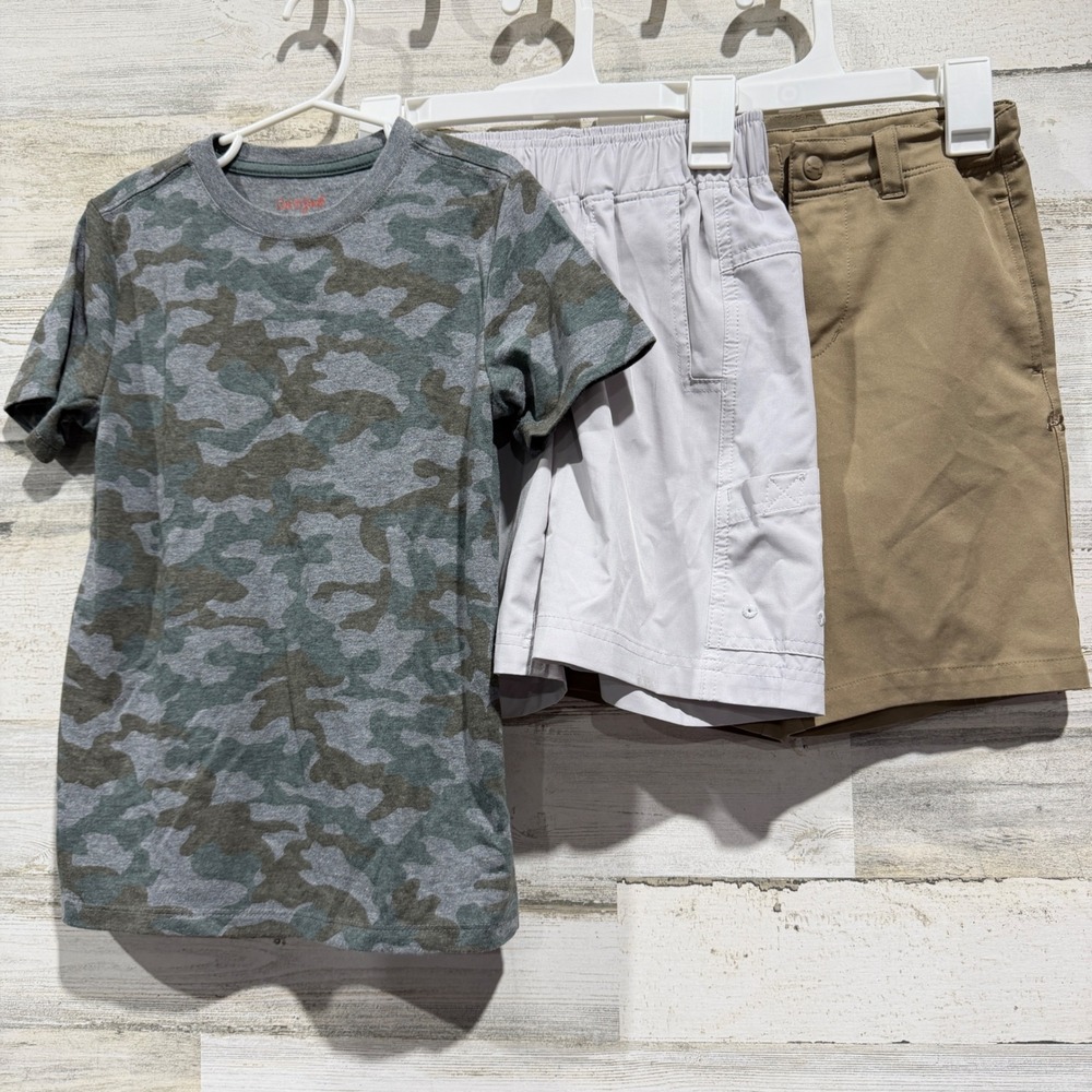 Cat & Jack Under Armour Boys 6 Camo Tee Khaki Fishing Shorts Bundle GUC*